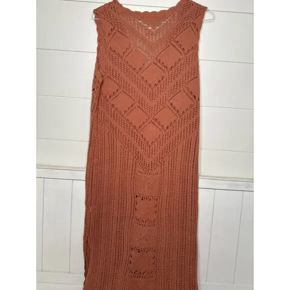 LALAVON Terracotta Crochet Midi Dress, V-neck, Side Slit NEW w/Tags Size LARGE - Picture 3 of 3